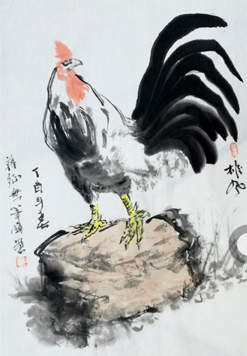 1547708370671726.png 世界独创无笔中国画(雄风)45cm×69cm 2017年,此画不用任何毛笔,而用纸卷,海棉,布条作画,突破几千年中国画的传统格局。.png