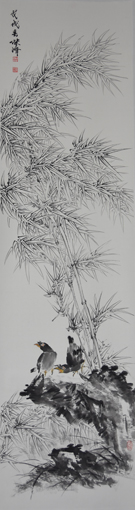 《竹石八哥》 2018年作180cmx48cm.jpg