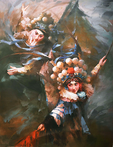 1547862270103452.jpg 赵新颖作品 《穆桂英与杨忠保》规格 120㎝x90㎝材质 麻布油彩.jpg