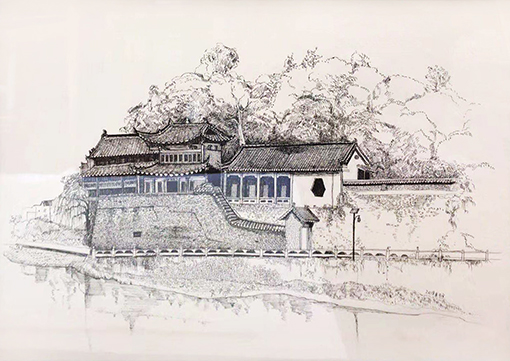钢笔写生 《军店显神殿》 规格：35x50cm 价格：1000元一幅.jpg