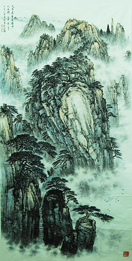 《天清远峰出 曜日凝成锦》 规格：138x69cm （已被国家民族画院收藏）.jpg