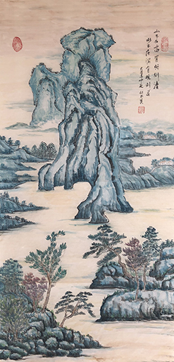 杨书英作《山不在高有树则清、水不在深有规则灵》规格：134cmx68cm.JPG
