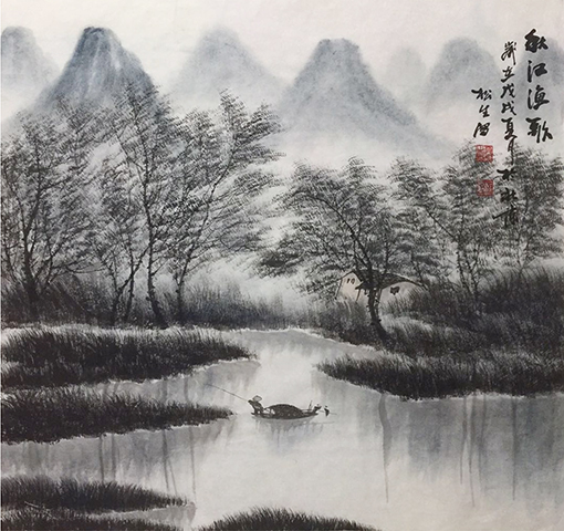 莫松生作品《秋江渔歌1》规格：68x68cm.jpg