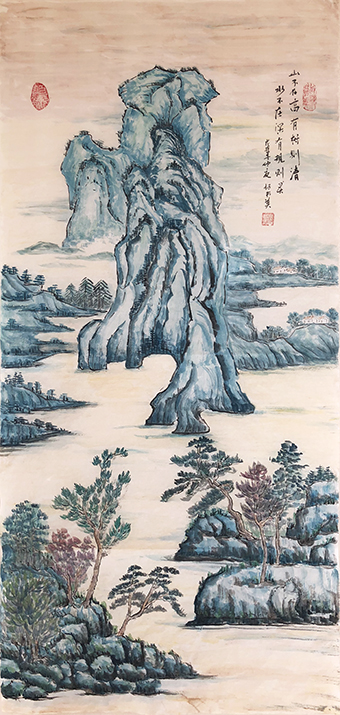杨书英作《山不在高有树则清、水不在深有规则灵》规格：134cmx68cm.jpg
