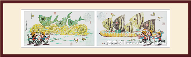 童子戏鱼图之绿植鱼双拼--50X200cm--价格：5万4（若拆分小幅1万3千5）.jpg