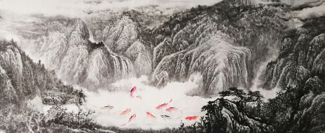 田传营作品《山青水秀锦鲤欢》规格：300x120cm.jpg