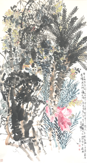 道金平作品《请看石上藤萝月》规格：180cmx97cm.gif