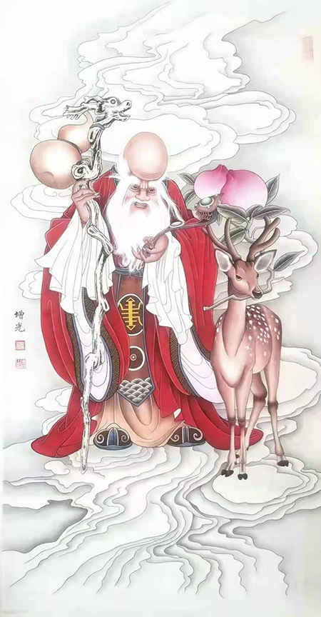 吕增光作品 《南极仙翁寿星图》尺寸：66×132cm.jpg