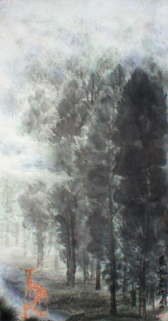 晨林鹿鸣 60×32cm
