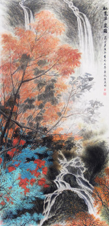 红叶飞泉图 133×67cm