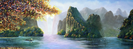《湖光景色》规格：210×90cm 布面画心