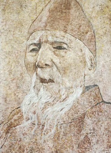 世界独创拼贴油画《齐白石肖像》78×108cm 2016年。此画用擦油画笔废弃的颜料纸待凉干后拼贴成画,近看乱糟糟,远看酷似油画,别有油画风味。 世界独创拼贴油画《齐白石肖像》78×108cm 2016年。此画用擦油画笔废弃的颜料纸待凉干后拼贴成画,近看乱糟糟,远看酷似油画,别有油画风味。