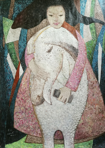 世界独创拼贴油画《少女与马》78×108cm 2016年此画用擦油画笔废弃的颜料纸待凉干后拼贴成画,近看乱糟糟,远看酷似油画,别有油画风味。 世界独创拼贴油画《少女与马》78×108cm 2016年此画用擦油画笔废弃的颜料纸待凉干后拼贴成画,近看乱糟糟,远看酷似油画,别有油画风味。