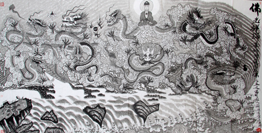 陈金辉作品《九五之尊 佛光祥瑞图》 长2.46米×宽1.23米(2013年作) 陈金辉作品《九五之尊 佛光祥瑞图》 长2.46米×宽1.23米(2013年作)