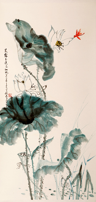 《晨露玉莲恋红蜓》137×68cm 《晨露玉莲恋红蜓》137×68cm