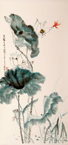 《晨露玉莲恋红蜓》137×68cm 《晨露玉莲恋红蜓》137×68cm
