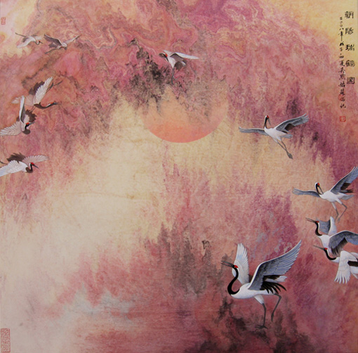 《朝阳瑞鹤图》当代帛画