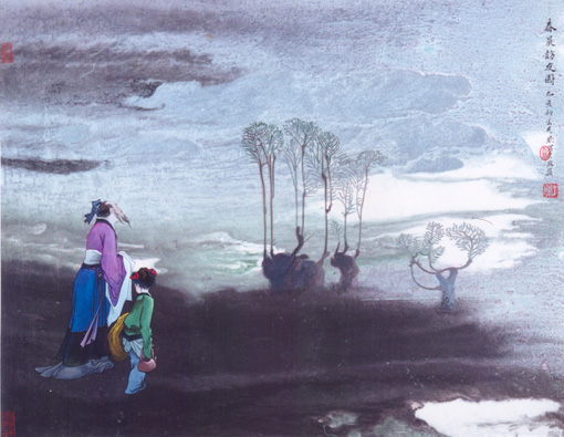 《春晨访友图》当代帛画