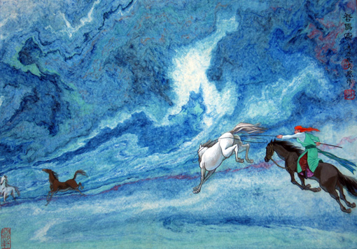 《套马图》当代帛画 35×50cm 2000年 《套马图》当代帛画 35×50cm 2000年