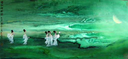 《夏夜群芳圖》当代帛画 34.5×77.5cm 2007年 《夏夜群芳圖》当代帛画 34.5×77.5cm 2007年