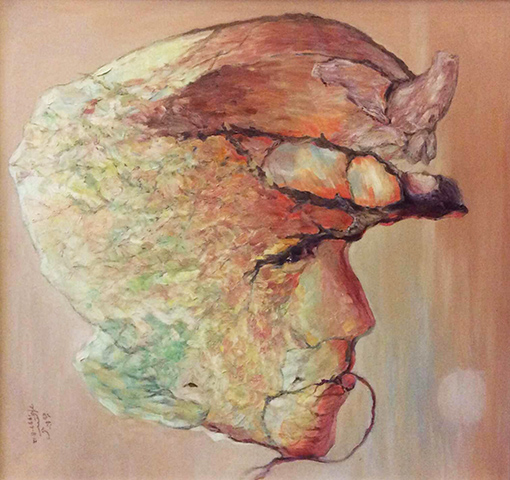 世界独创旋转油画（昭君出塞）85cm×85cm1997年。此画旋转欣赏可出现四幅不同画面，属世界画界绝品。前无古人，后无来者。