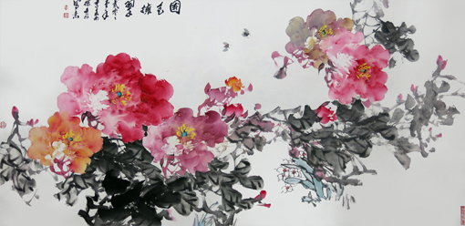 《国色拥翠》董文政纸本花鸟(67.5×136)cm 2001年 《国色拥翠》董文政纸本花鸟(67.5×136)cm 2001年