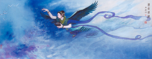 《精卫填海》 当代帛画 45×113cm 2000年 《精卫填海》 当代帛画 45×113cm 2000年