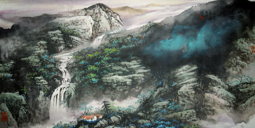 《烟山落瀑》董文政纸山水画52×100cm 1992年 《烟山落瀑》董文政纸山水画52×100cm 1992年