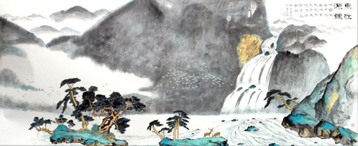 东江源头巨幅山水画,是江西安远三百山。是供应香港七百多万同胞饮用水源头。香港市民称为生命之水。425CmX169Cm。 东江源头巨幅山水画,是江西安远三百山。是供应香港七百多万同胞饮用水源头。香港市民称为生命之水。425CmX169Cm。