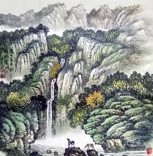 《瀑布高寒韵独清》规格：68cmX68cm，2016年创作，价格：1500元