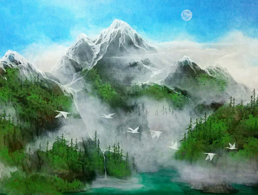 《雪山 升雁 冷湖》 尺寸：124X90cm 价格：6万一幅
