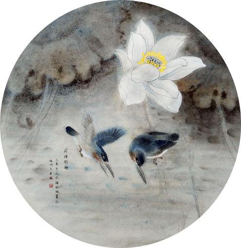 钟松城作品1《工笔荷花翠鸟》规格：43cmX43cm，售价：每平尺：2000元