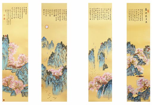 陈长智林庆萍作品《春江花月夜》规格：136x33cmx4 （作品润格：每平方尺3万元至5万元）