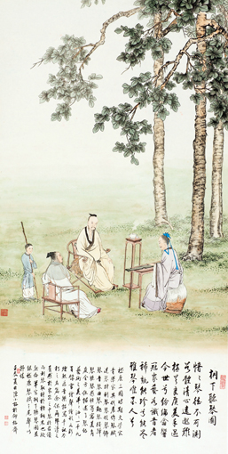 陈长智林庆萍作品《桐下听琴图 》规格：133cm×66cm （作品润格：每平方尺3万元至5万元）