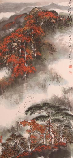 陈长智林庆萍作品《万木霜天红烂漫》规格： 96cm×44cm （作品润格：每平方尺3万元至5万元）