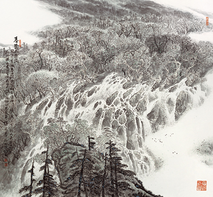陈鹏同作品《春染九寨沟》规格：200cmx200cm(价格面议）